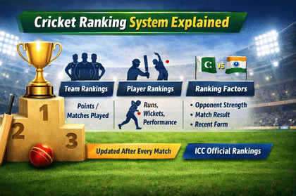 Cricket ranking system explained infographic showing ICC team rankings, player ranking points, and match performance factors.