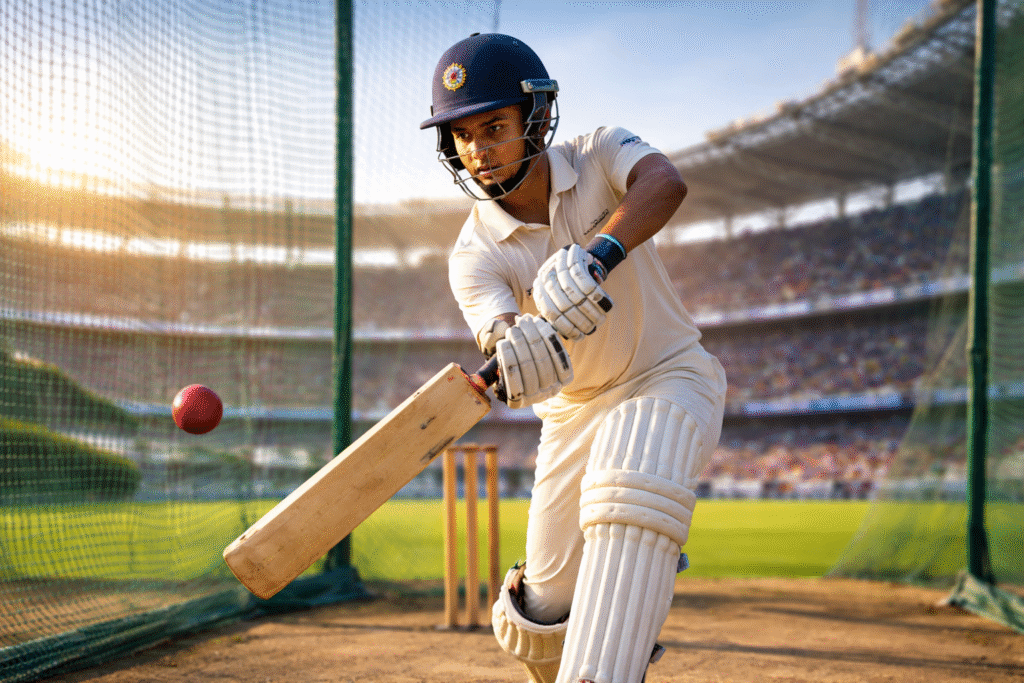 Young Indian player training to become cricketer in India at a professional cricket academy